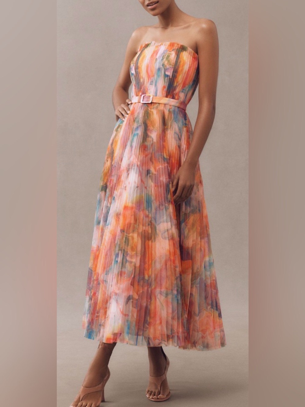 Floral Pleated Maxi Skirt - Pink Orange Multi